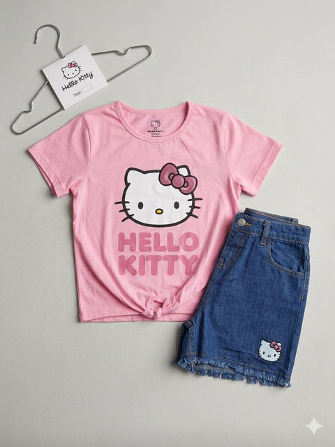 Hello Kitty Girls Tie Font Graphic Tees & Denim Shorts Set