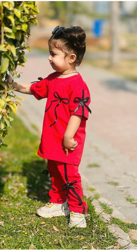 Trendy Red Co-ord Tracksuit with Bow Detail for Girls