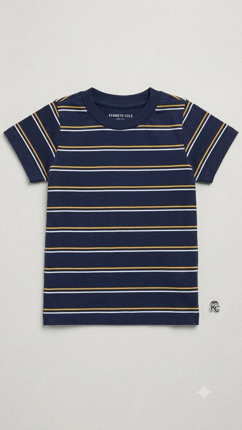Kenneth Cole Kids Multi-Stripe Crewneck Tee – Navy, Gold & White