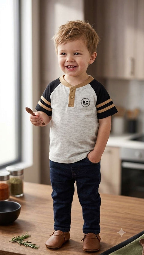 Kenneth Cole Kids Varsity Henley Tee – Heather Gray & Black
