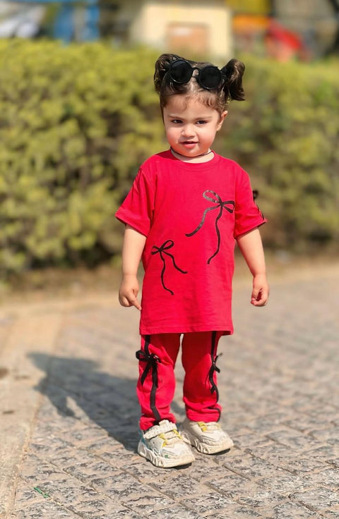 Trendy Red Co-ord Tracksuit with Bow Detail for Girls