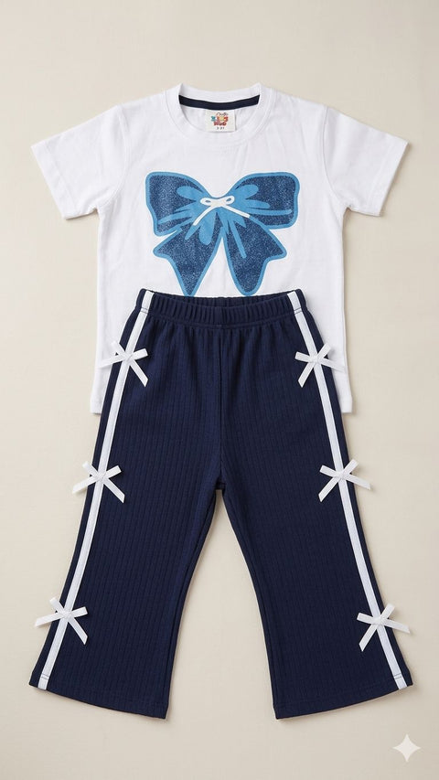 Girls Premium Ribbed Bow Suit – Navy &amp; White