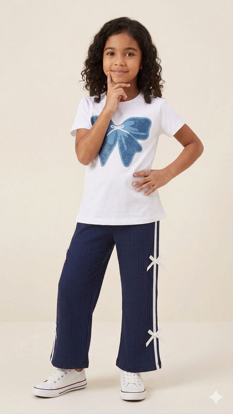 Girls Premium Ribbed Bow Suit – Navy &amp; White