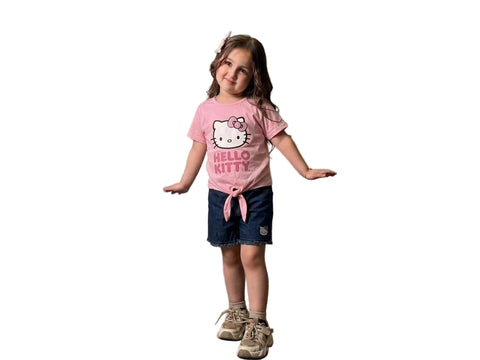 Hello Kitty Girls Tie Font Graphic Tees & Denim Shorts Set