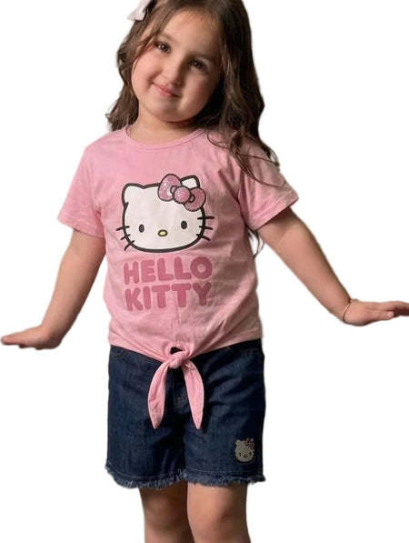 Hello Kitty Girls Tie Font Graphic Tees & Denim Shorts Set