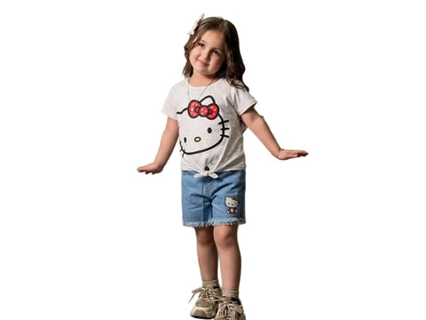 Hello Kitty Girls Tie Font Graphic Tees & Denim Shorts Set