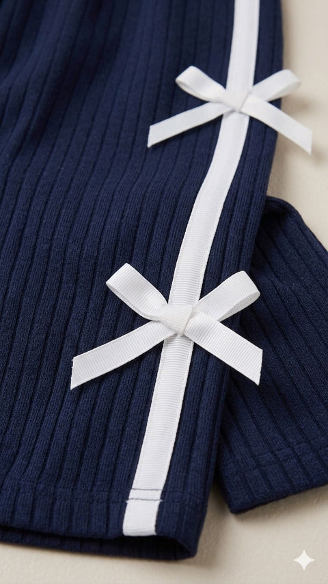 Girls Premium Ribbed Bow Suit – Navy &amp; White