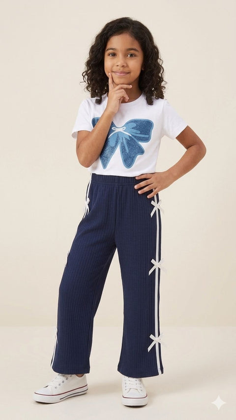 Girls Premium Ribbed Bow Suit – Navy &amp; White