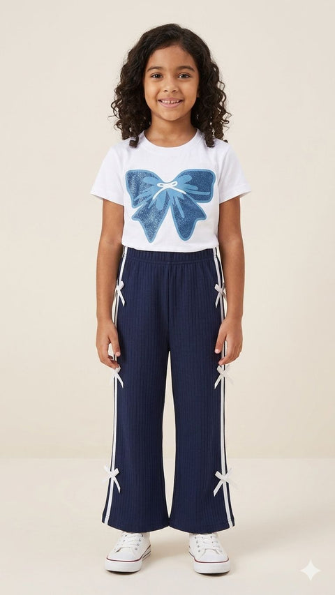 Girls Premium Ribbed Bow Suit – Navy &amp; White