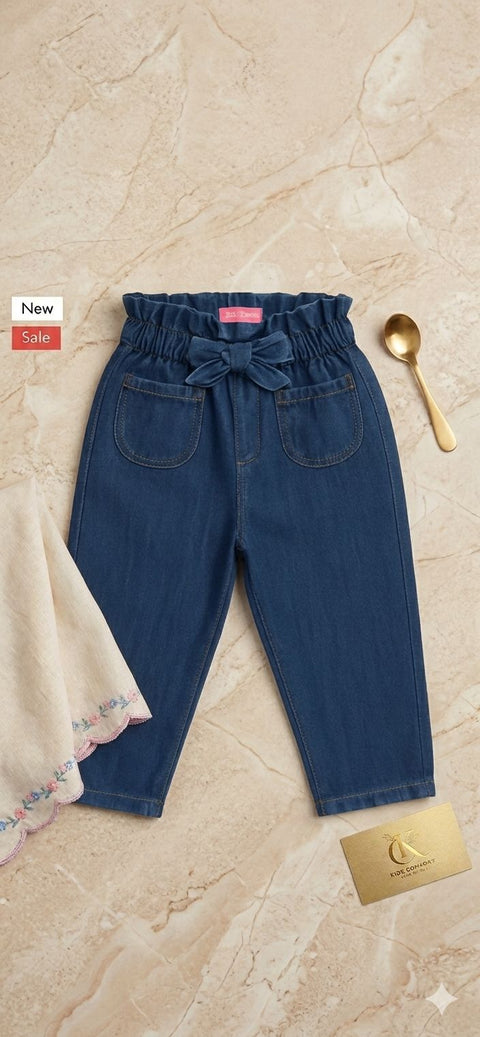 Girls Premium Paperbag Bow Denim Pants