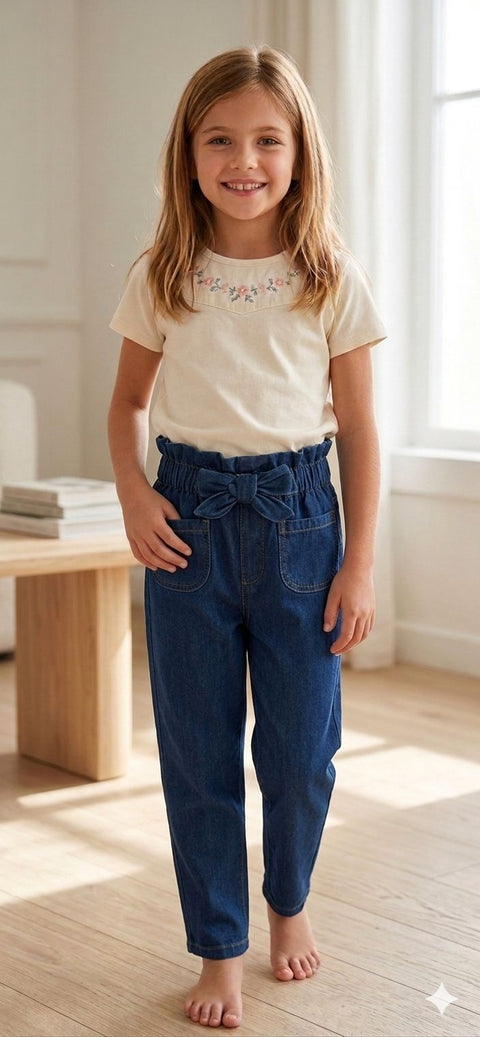 Girls Premium Paperbag Bow Denim Pants