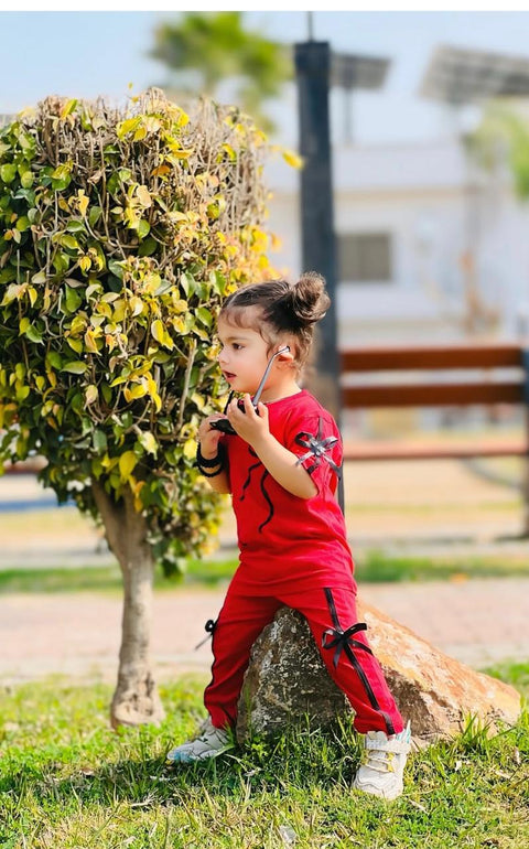 Trendy Red Co-ord Tracksuit with Bow Detail for Girls