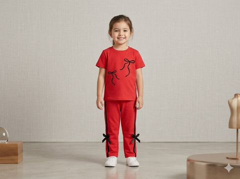 Trendy Red Co-ord Tracksuit with Bow Detail for Girls