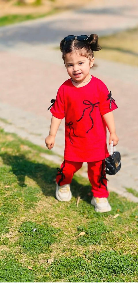 Trendy Red Co-ord Tracksuit with Bow Detail for Girls
