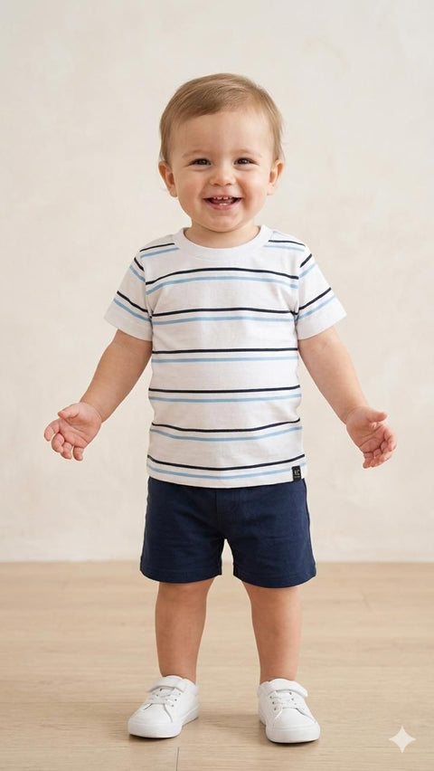 Kenneth Cole Kids Multi-Stripe Crewneck Tee – White, Light Blue & Navy