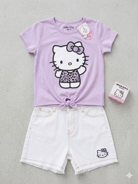 Hello Kitty Girls Tie Font Graphic Tees & Denim Shorts Set