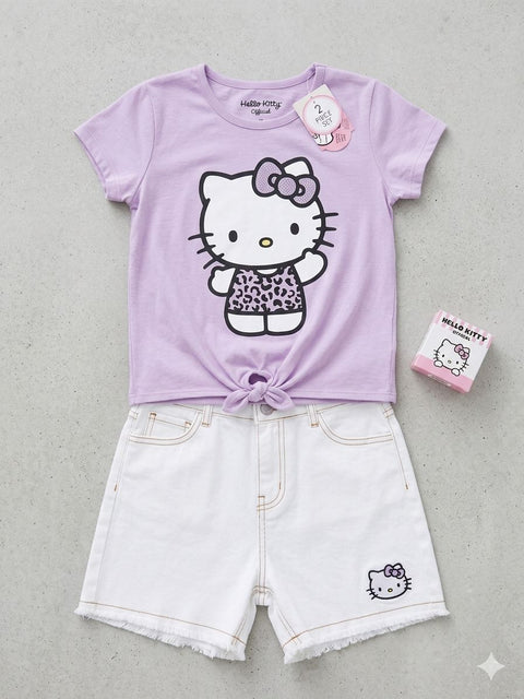 Hello Kitty Girls Tie Font Graphic Tees & Denim Shorts Set
