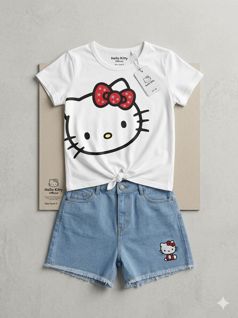 Hello Kitty Girls Tie Font Graphic Tees & Denim Shorts Set