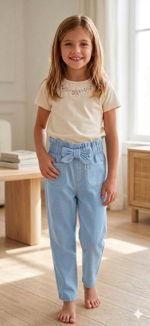 Girls Premium Paperbag Bow Denim Pants