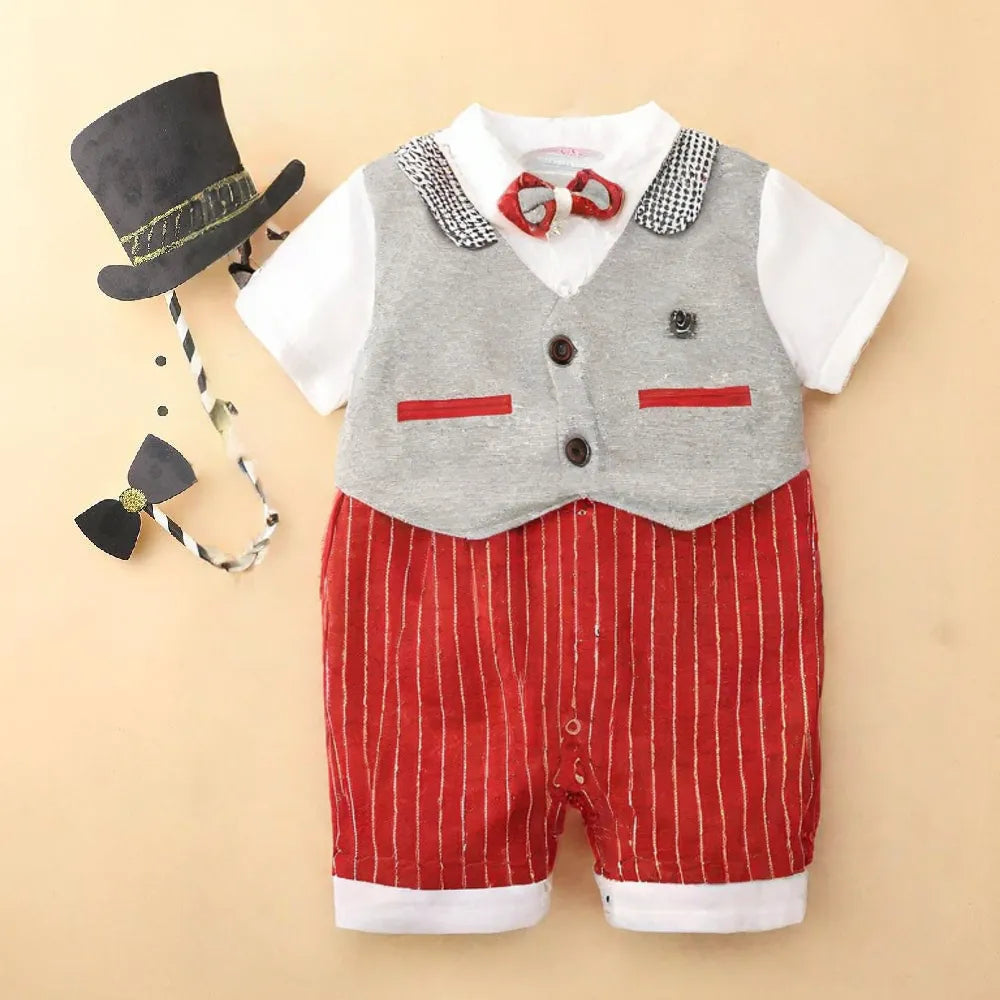 Handsome Gentlemen Bow Red Lining Romper