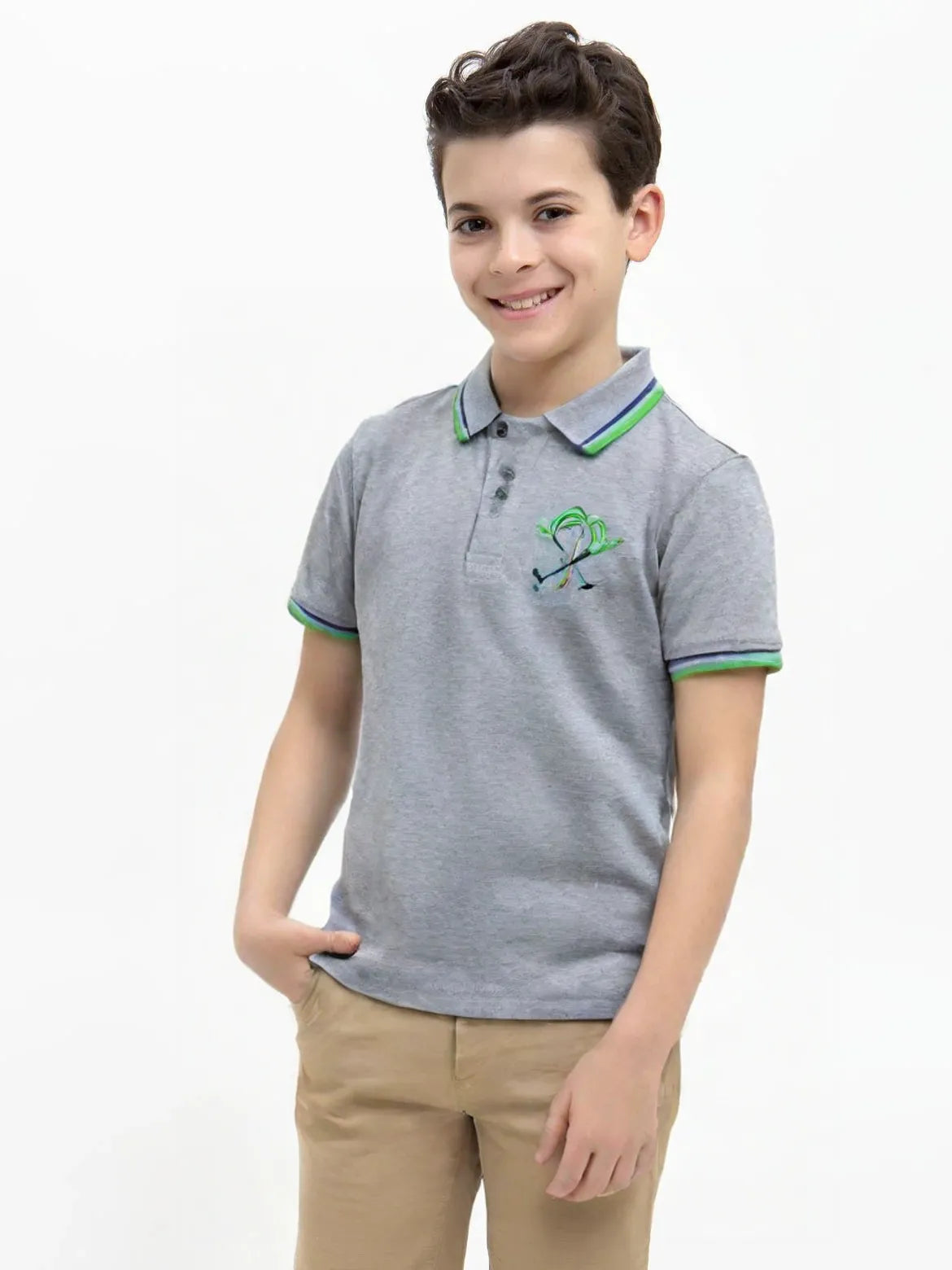 Green Tree Tipping Collar Polo Shirt – Grey