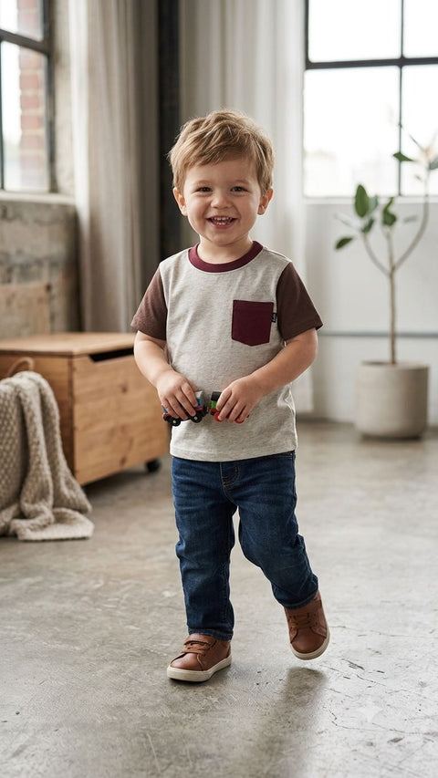 Lee Kids Tri-Color Block Pocket Tee – Oatmeal, Brown & Burgundy